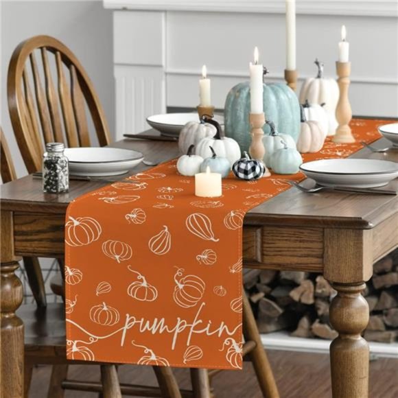 Pumpkins Fall Table Runner, Thanksgiving Kitchen Dining Table Decoration - Picture 4 of 6